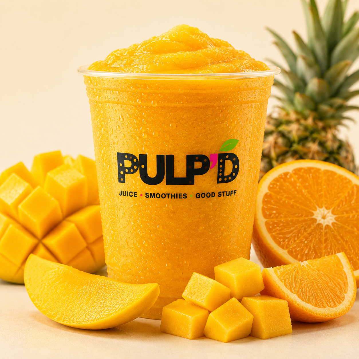 Mango Rush smoothie with fresh fruit