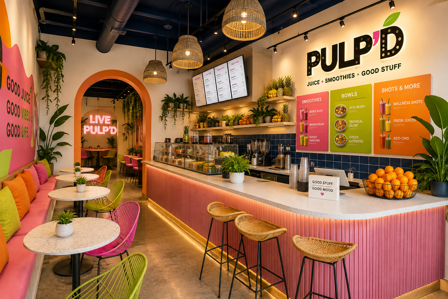 The colorful PULP'D juice bar interior