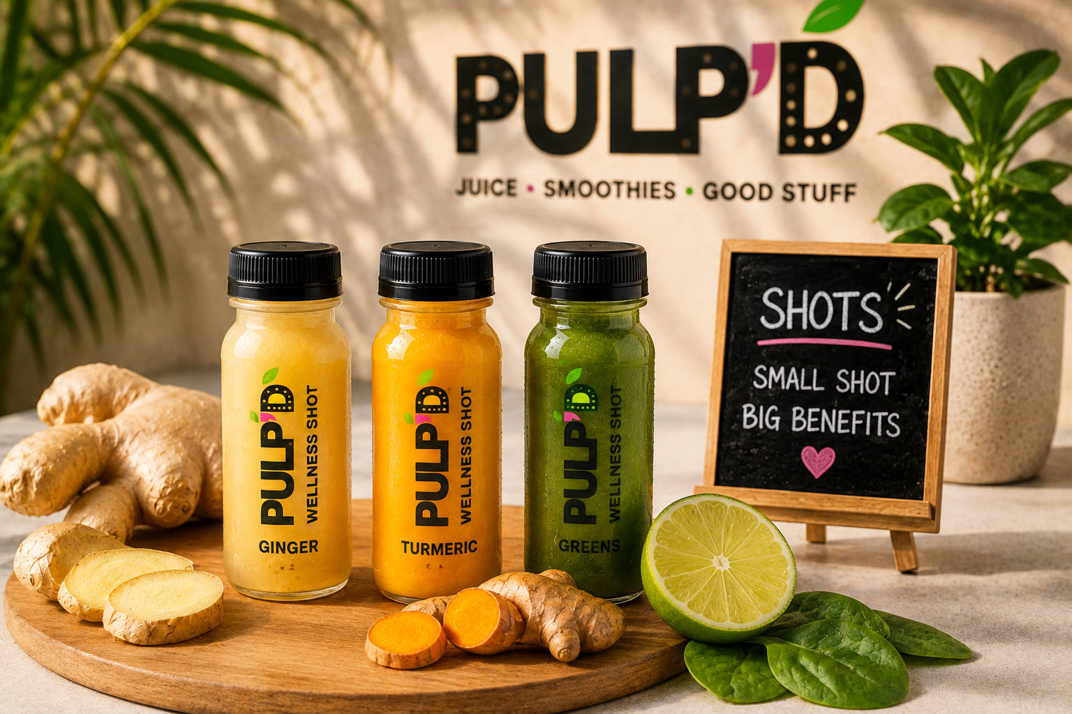 PULP'D wellness shots with fresh ginger, turmeric, lime, and greens